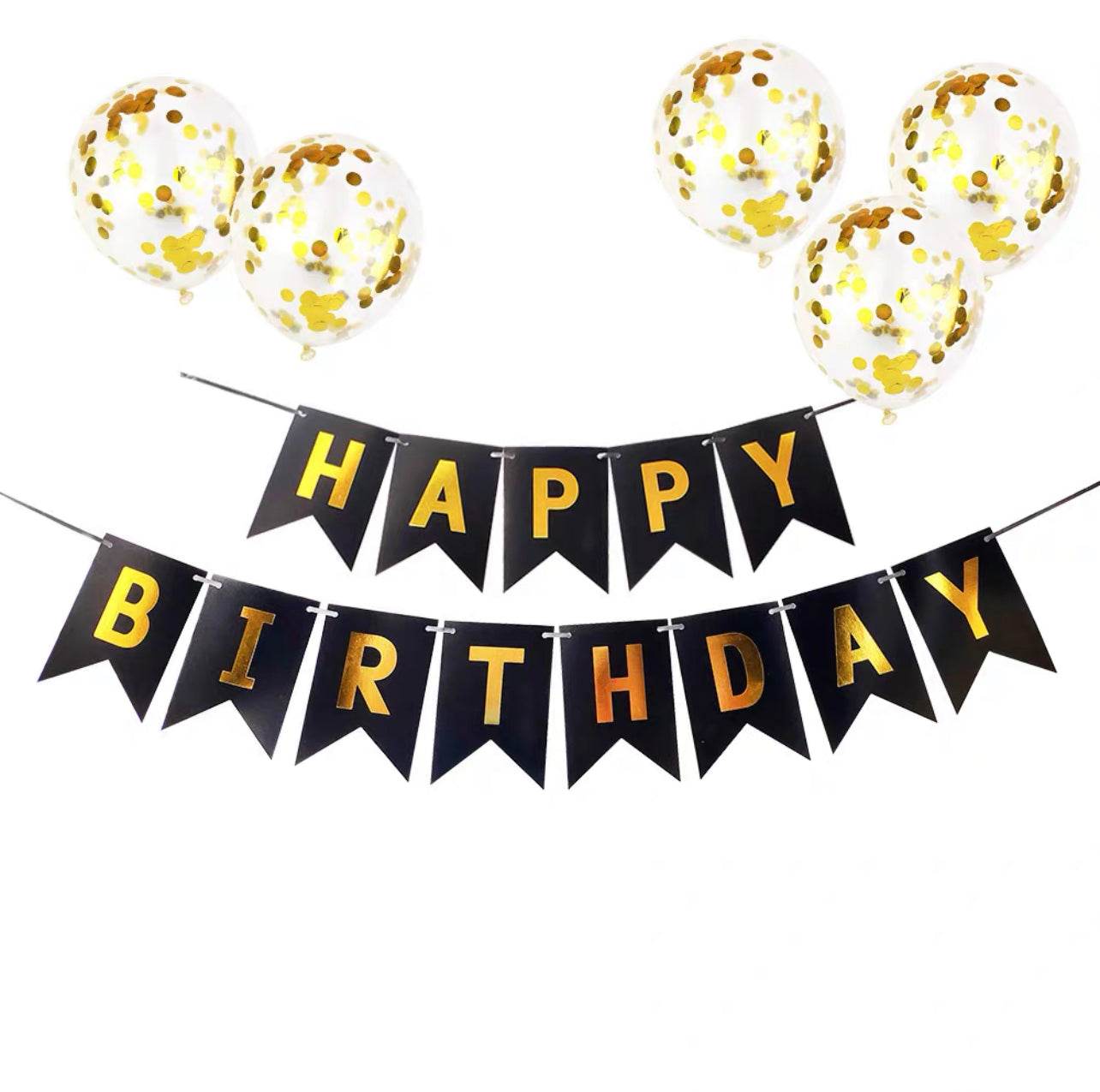 Black Fishtail Flag (M Size) + Gold Sequin Balloon Set | Simple Birthday Party Decoration – B039+B015 - party X party