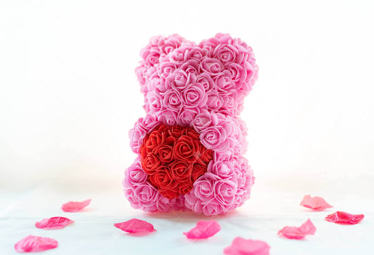 25CM Rose Bear – Birthday & Proposal Gift Display + Free Engraved Wooden Greeting Card - party X party