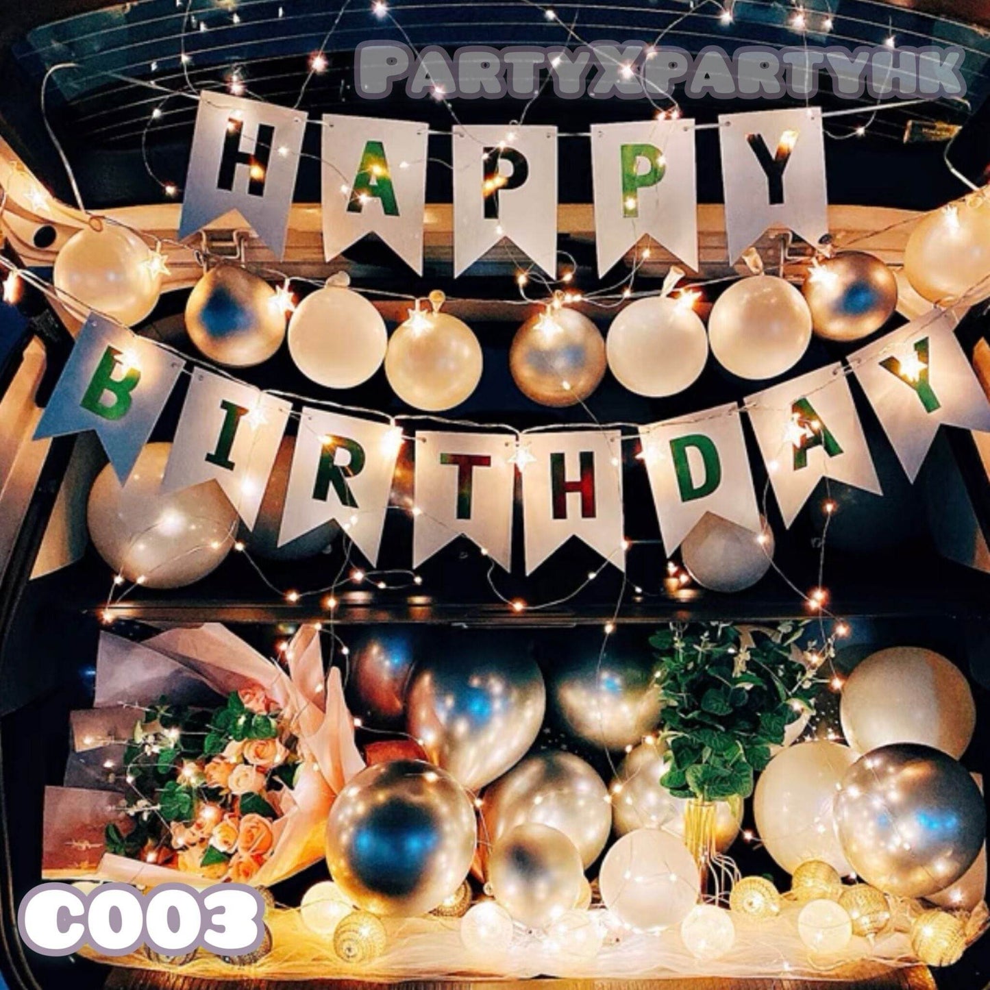 Silver & White Balloon with “HAPPY BIRTHDAY” Flag | Simple Car Trunk Decoration – C003 - party X party