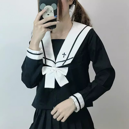 Authentic Japanese JK Uniform | Long-Sleeve Sailor Top & Long Pleated Skirt | Original "Bad-Girl" Academy Style Women’s Set C060 party X party