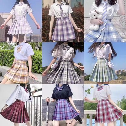 Japanese Academy JK Uniform | Short-Sleeve Shirt & Plaid Pleated Skirt | Esports Girl & Student School Uniform Full Set C051 party X party