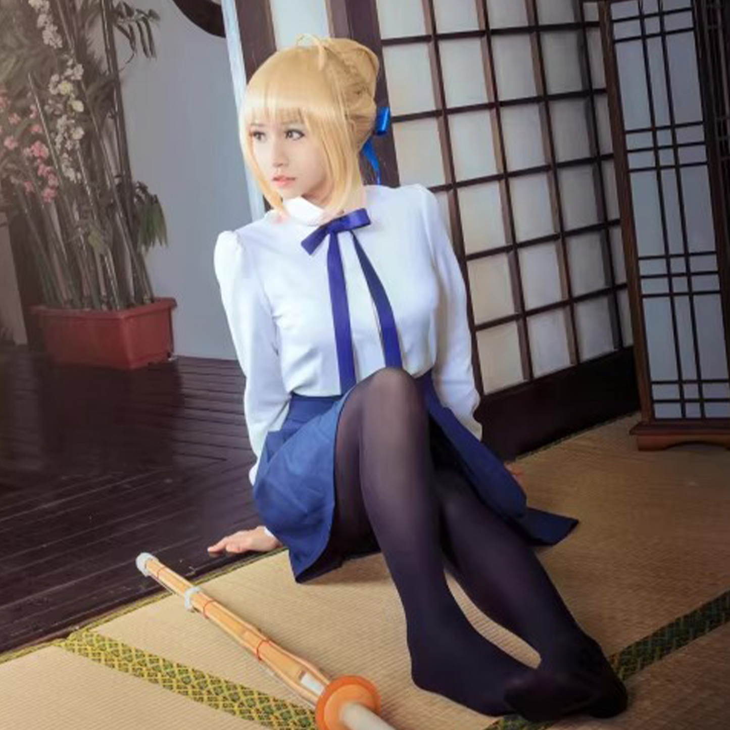 Elegant Blue-and-White High-Waist Corset Dress Set - Women’s Long-Sleeve Academy Cosplay Uniform (C014) party X party