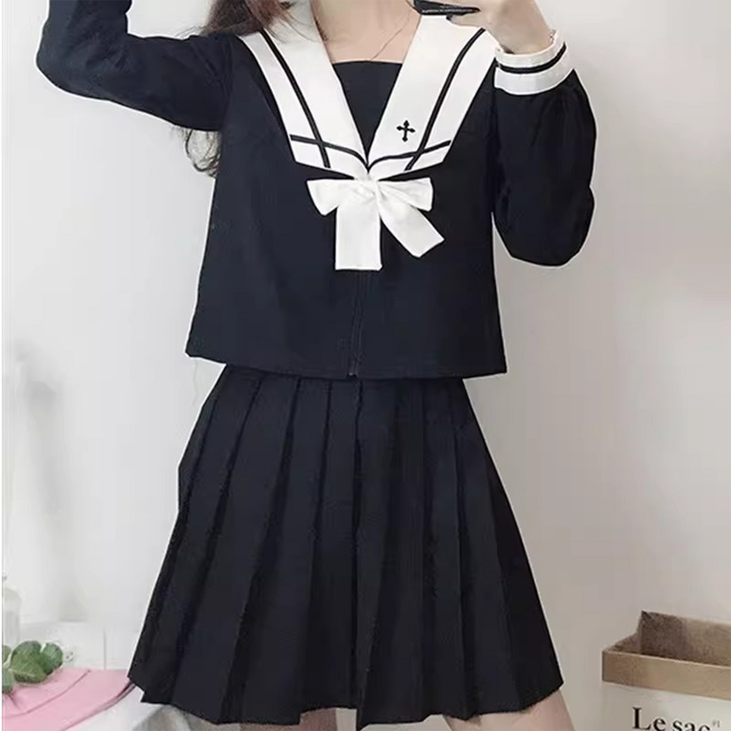 Authentic Japanese JK Uniform | Long-Sleeve Sailor Top & Long Pleated Skirt | Original "Bad-Girl" Academy Style Women’s Set C060 party X party