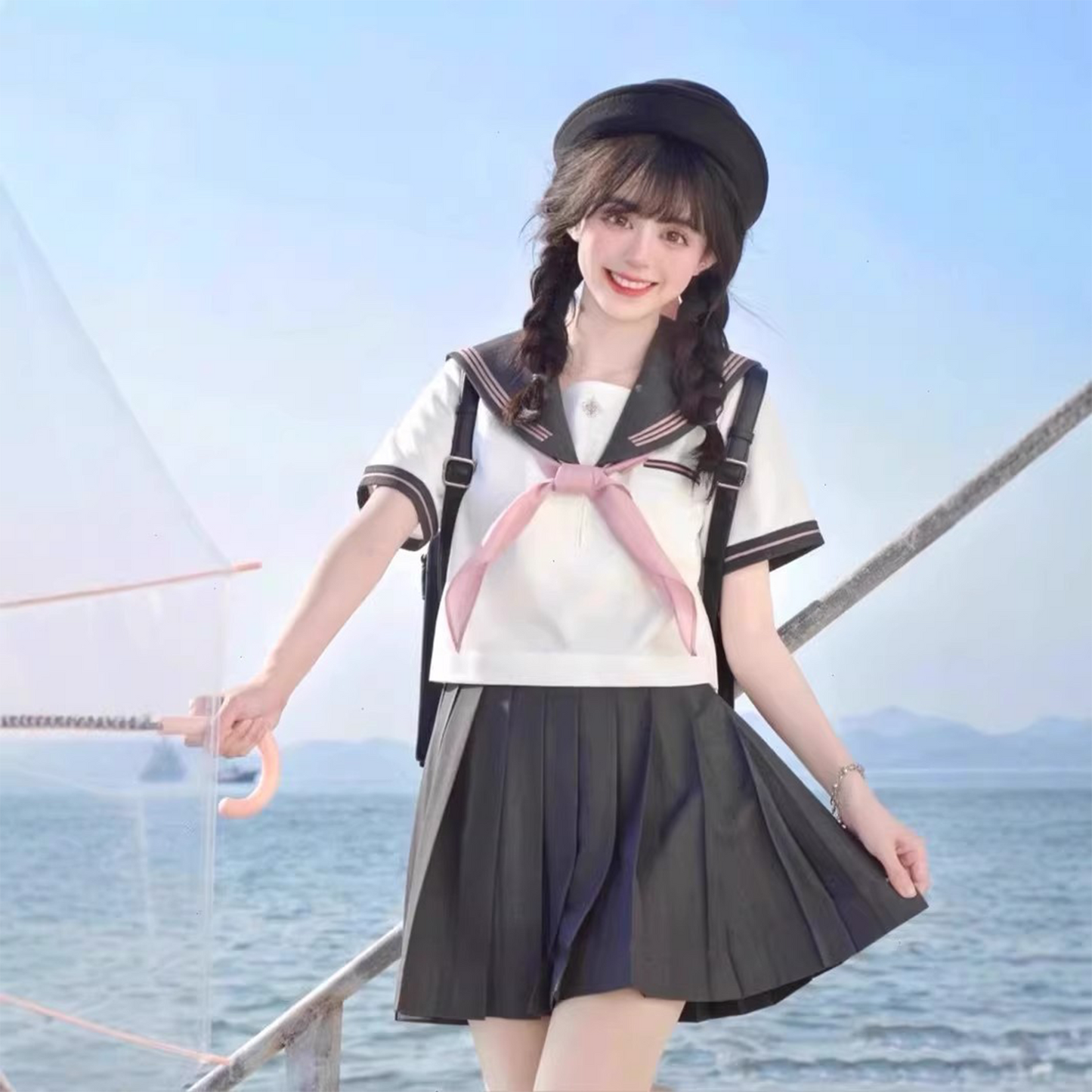 Japanese Academy Sailor Suit | Cross-Disguising Large-Size JK Uniform – Sweet Spring Summer Student Set with Pleated Skirt (C045) party X party