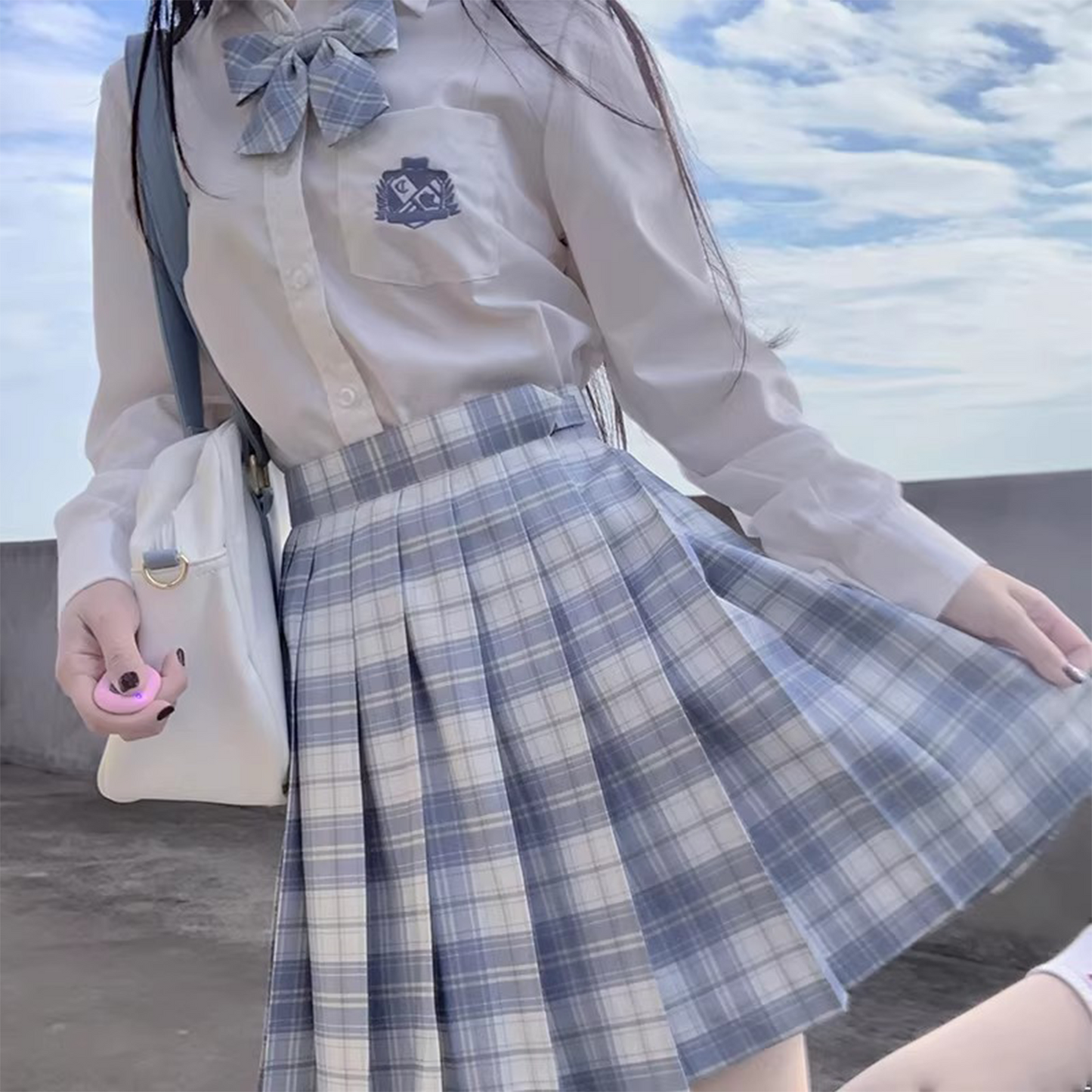 Japanese School Uniform Plaid Skirt | High-Waist Pleated Mini Skirt with Bow Tie & Necktie | Original JK Style C002 party X party