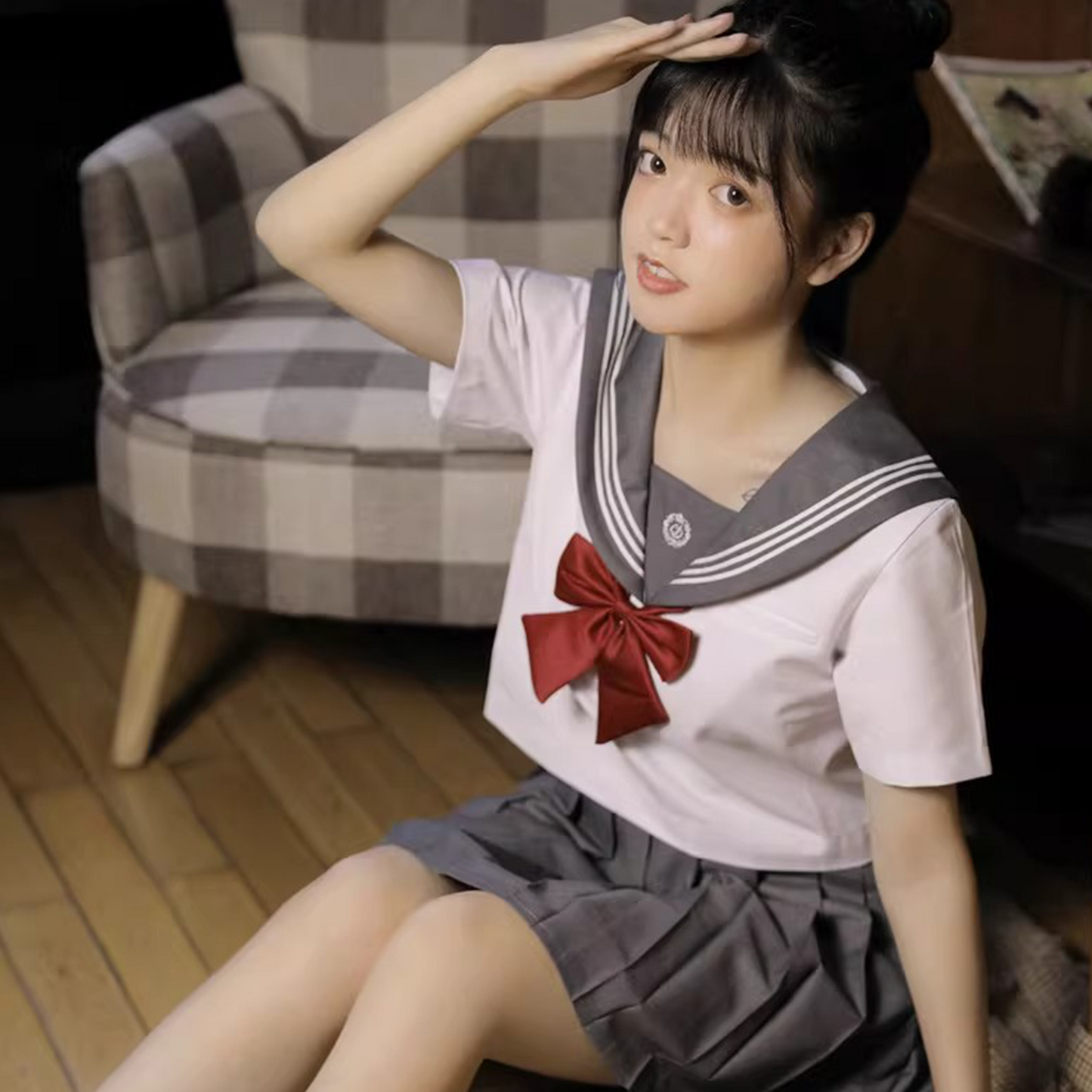 Authentic Japanese Sailor Suit: Gray Three-Line Collar JK Uniform Set - Basic Summer Short-Sleeve Academy Style (C019) party X party