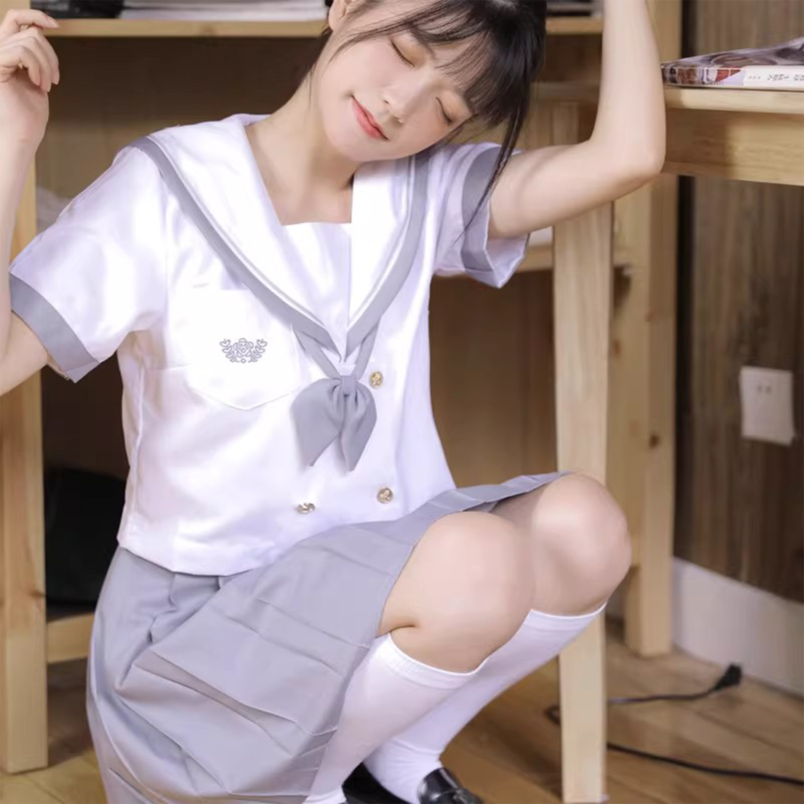 Classic Single-Line Sailor Uniform | Gray-Edge Minimalist JK Set | Sweet Academy Style Student Class Uniform C020 party X party