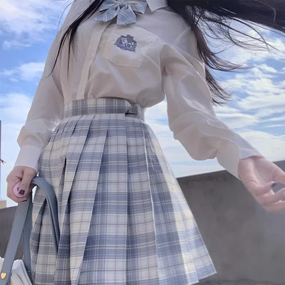 Japanese School Uniform Plaid Skirt | High-Waist Pleated Mini Skirt with Bow Tie & Necktie | Original JK Style C002 party X party