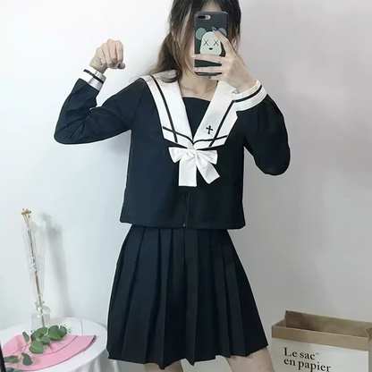 Authentic Japanese JK Uniform | Long-Sleeve Sailor Top & Long Pleated Skirt | Original "Bad-Girl" Academy Style Women’s Set C060 party X party