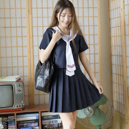 Authentic Japanese JK Uniform | White-Collar Red 3-Line Sailor Suit Set - Basic School-Supplied Academy Clothing C030 party X party