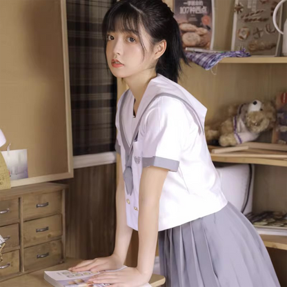 Classic Single-Line Sailor Uniform | Gray-Edge Minimalist JK Set | Sweet Academy Style Student Class Uniform C020 party X party