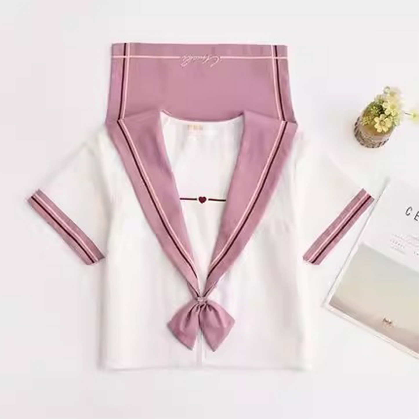 Japanese JK Uniform Set | Pink Embroidered Kansai Collar Sailor Suit | Summer Women’s Student Academy Style Pleated Skirt C046 party X party