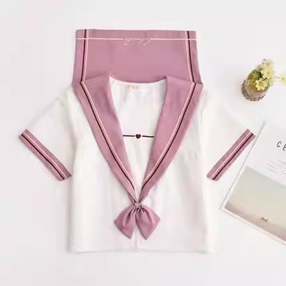 Japanese JK Uniform Set | Pink Embroidered Kansai Collar Sailor Suit | Summer Women’s Student Academy Style Pleated Skirt C046 party X party
