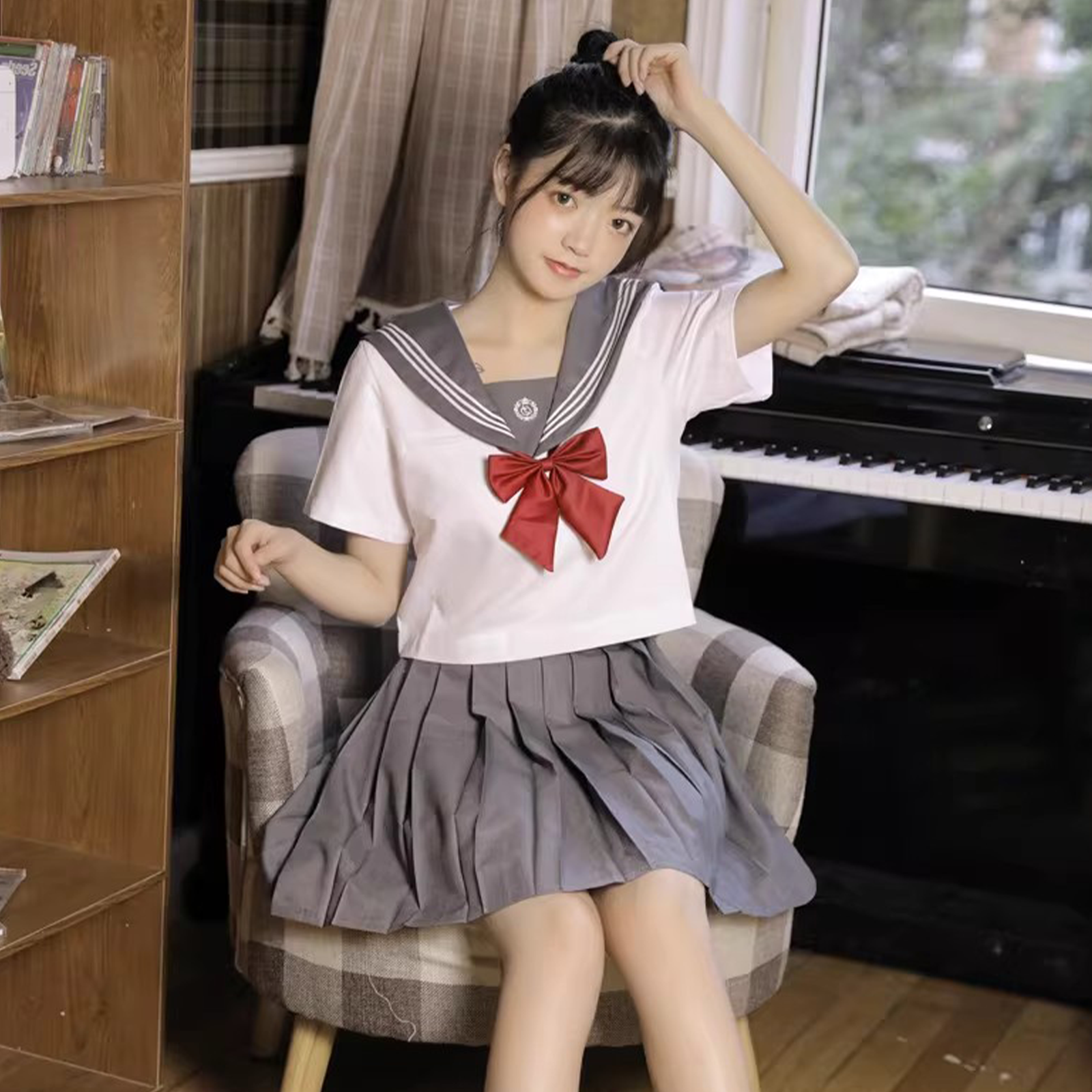 Authentic Japanese Sailor Suit: Gray Three-Line Collar JK Uniform Set - Basic Summer Short-Sleeve Academy Style (C019) party X party