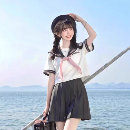 Japanese Academy Sailor Suit | Cross-Disguising Large-Size JK Uniform – Sweet Spring Summer Student Set with Pleated Skirt (C045) party X party