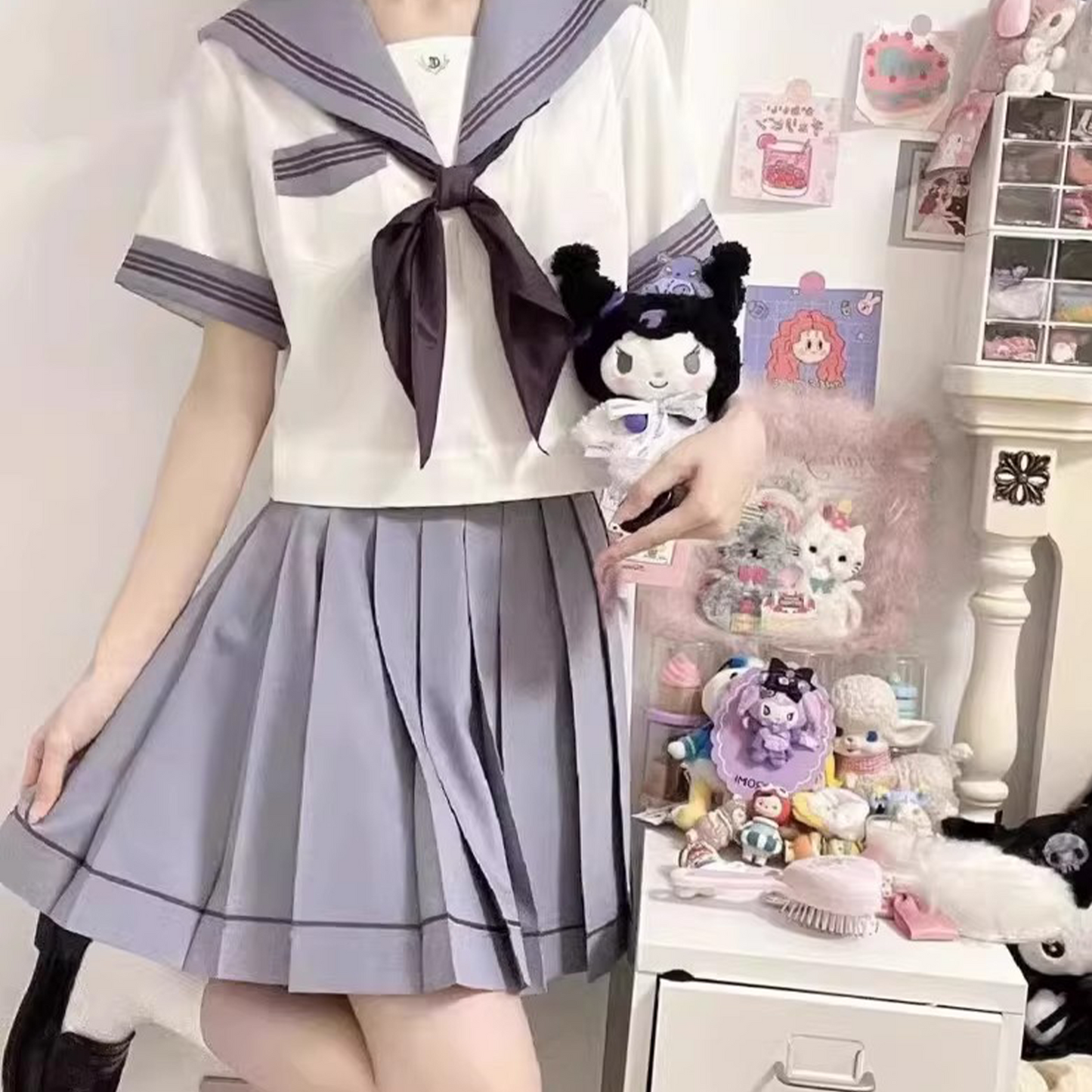 Tsukino HOUSE Fujitsu High Series: Gray-Purple Japanese Sailor Uniform | Summer Short-Sleeve JK Set - Dopamine Aesthetic C026 party X party