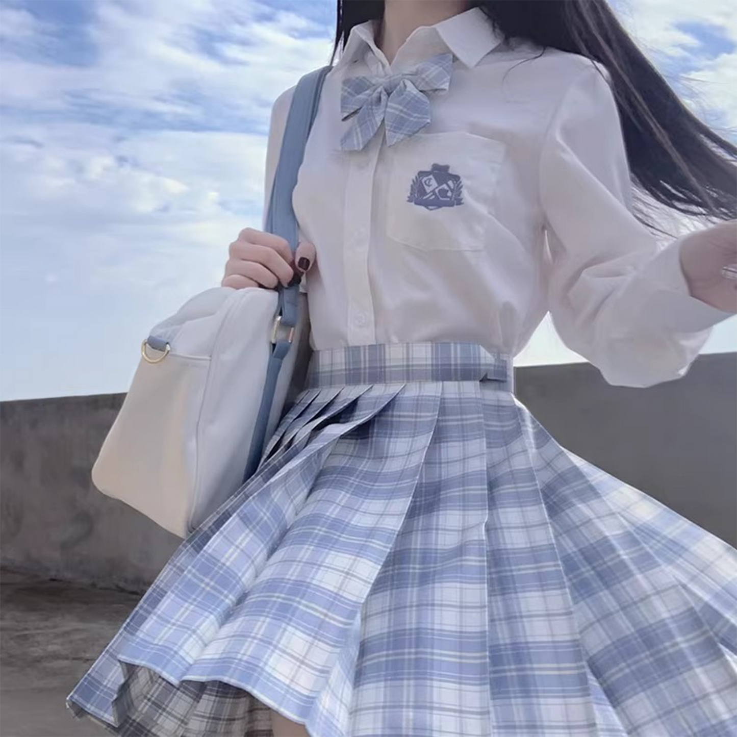 Japanese School Uniform Plaid Skirt | High-Waist Pleated Mini Skirt with Bow Tie & Necktie | Original JK Style C002 party X party