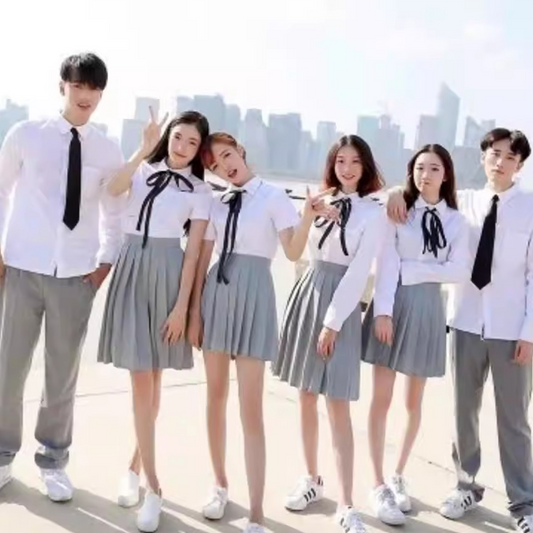 Classic JK White Shirt Set: Women’s Modest Long Academy Skirt & Men’s Gray Trousers - High School Class Uniform C009 party X party