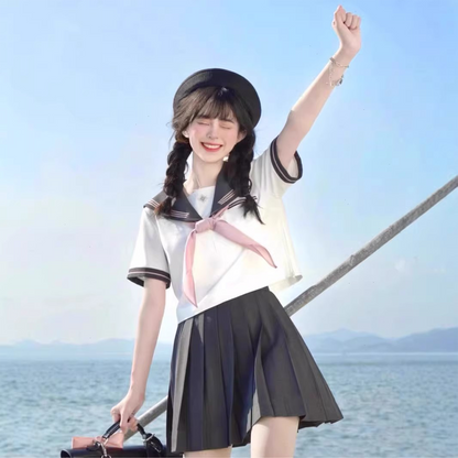 Japanese Academy Sailor Suit | Cross-Disguising Large-Size JK Uniform – Sweet Spring Summer Student Set with Pleated Skirt (C045) party X party