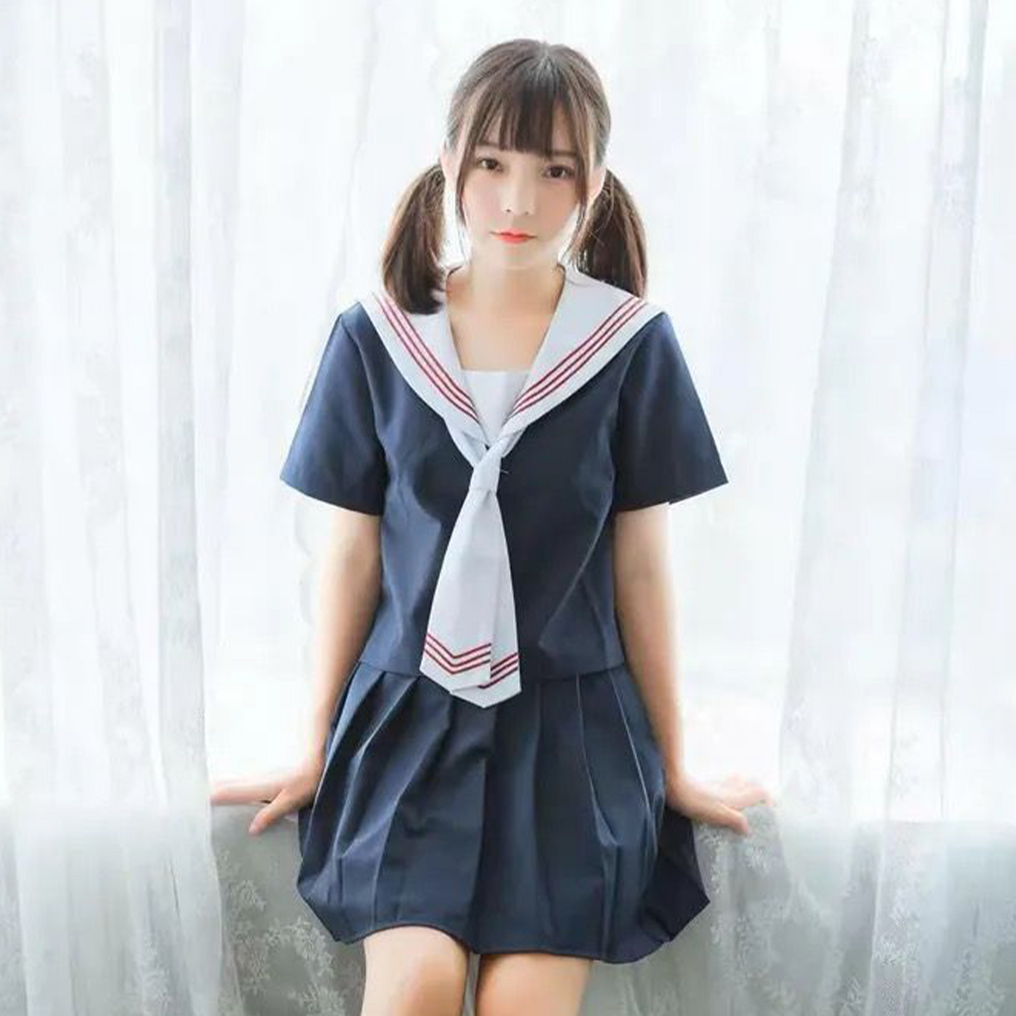 Authentic Japanese JK Uniform | White-Collar Red 3-Line Sailor Suit Set - Basic School-Supplied Academy Clothing C030 party X party