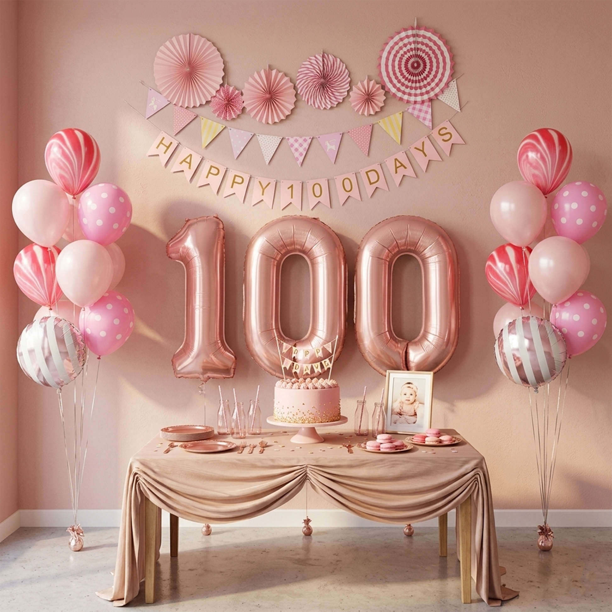BABY 100 DAYS Celebration Set – “HAPPY 100 DAYS” Girls’ Party Decor with 40″ Number Balloons & Pull Flag – S137 party X party