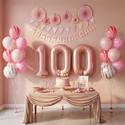 BABY 100 DAYS Celebration Set – “HAPPY 100 DAYS” Girls’ Party Decor with 40″ Number Balloons & Pull Flag – S137 party X party