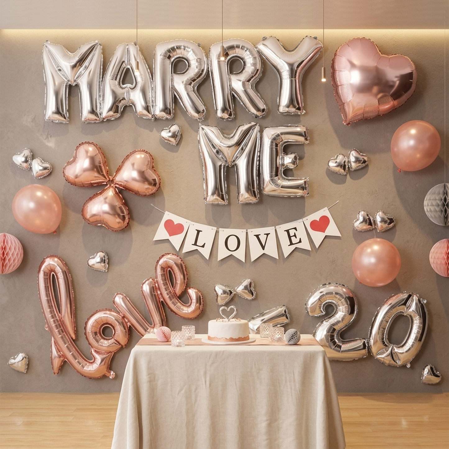 Rose Gold Marriage Proposal Decoration Set with Flag Design Balloon – S128 party X party