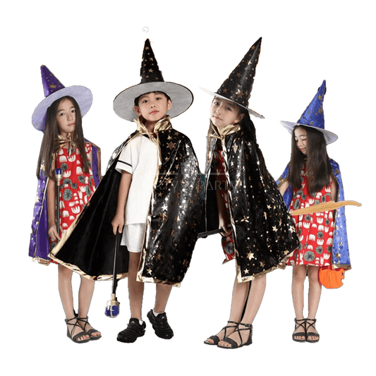 Kids' Wizard Costume Set – Halloween Cape & Hat with Gold Stars - party X party