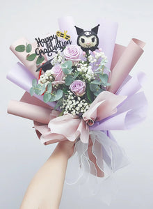中紫色玫瑰花束~Kuromi 乒乓菊造型公仔花束表白-紀念日-情人節-畢業禮物 F-185