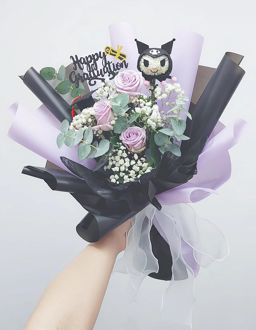 中紫色玫瑰花束-情人節花束-表白-Kuromi 乒乓菊造型公仔-紀念日-求婚 F-265