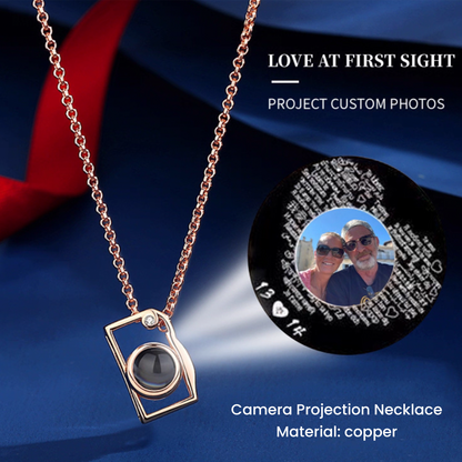 Trendy Camera Projection Necklace — trendy fashion style, “I Love You” in 100 languages, customizable photo projection pendant for couples.