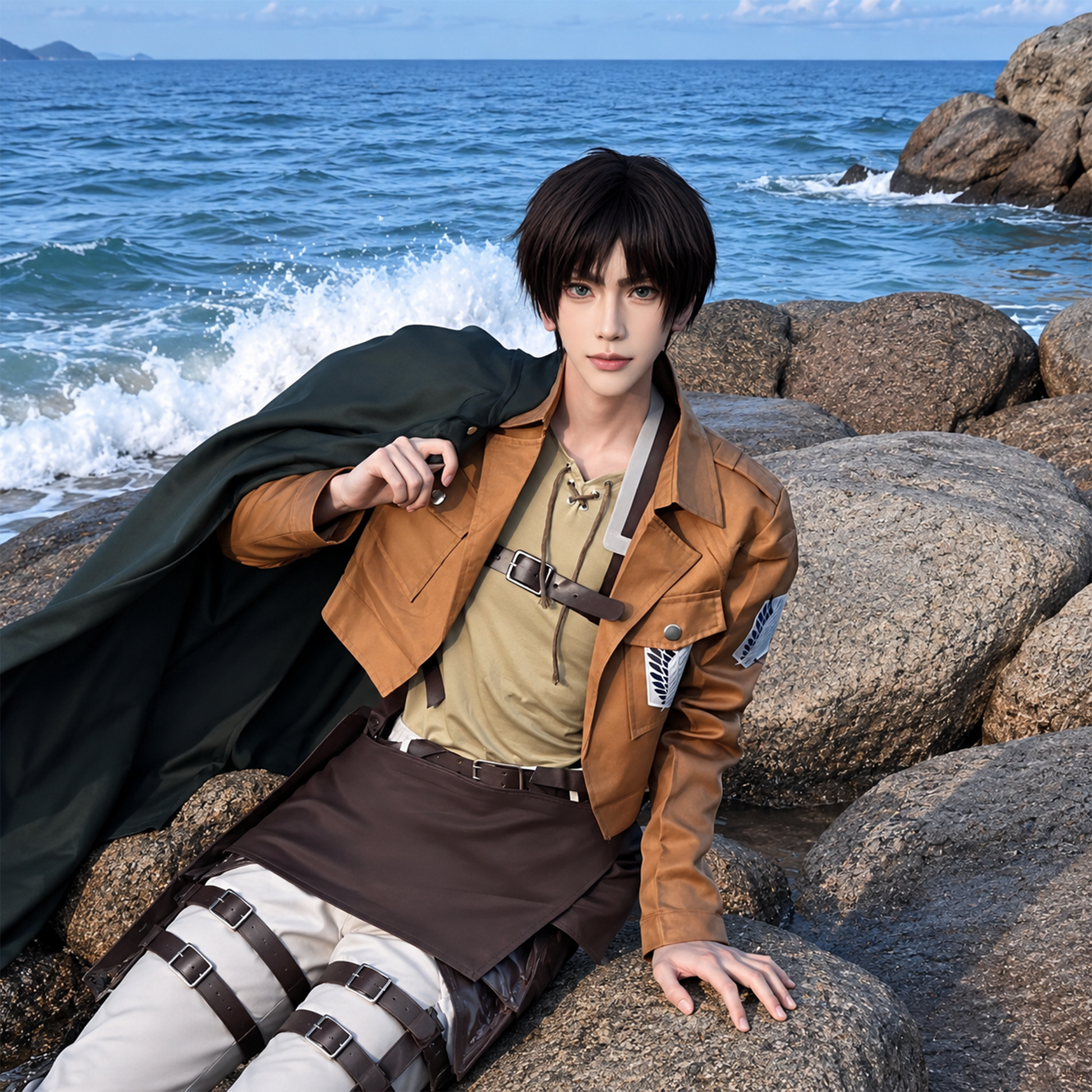 Levi Ackerman Survey Corps Jacket Anime Cosplay Costume with Fabric & Faux Leather Design – AOT024 party X party