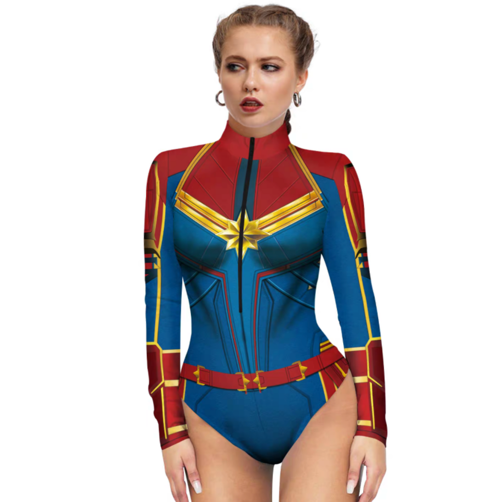 Captain Marvel Women’s Printed Bodysuit Cosplay Costume – Superhero Performance Outfit | MTJ314 party X party