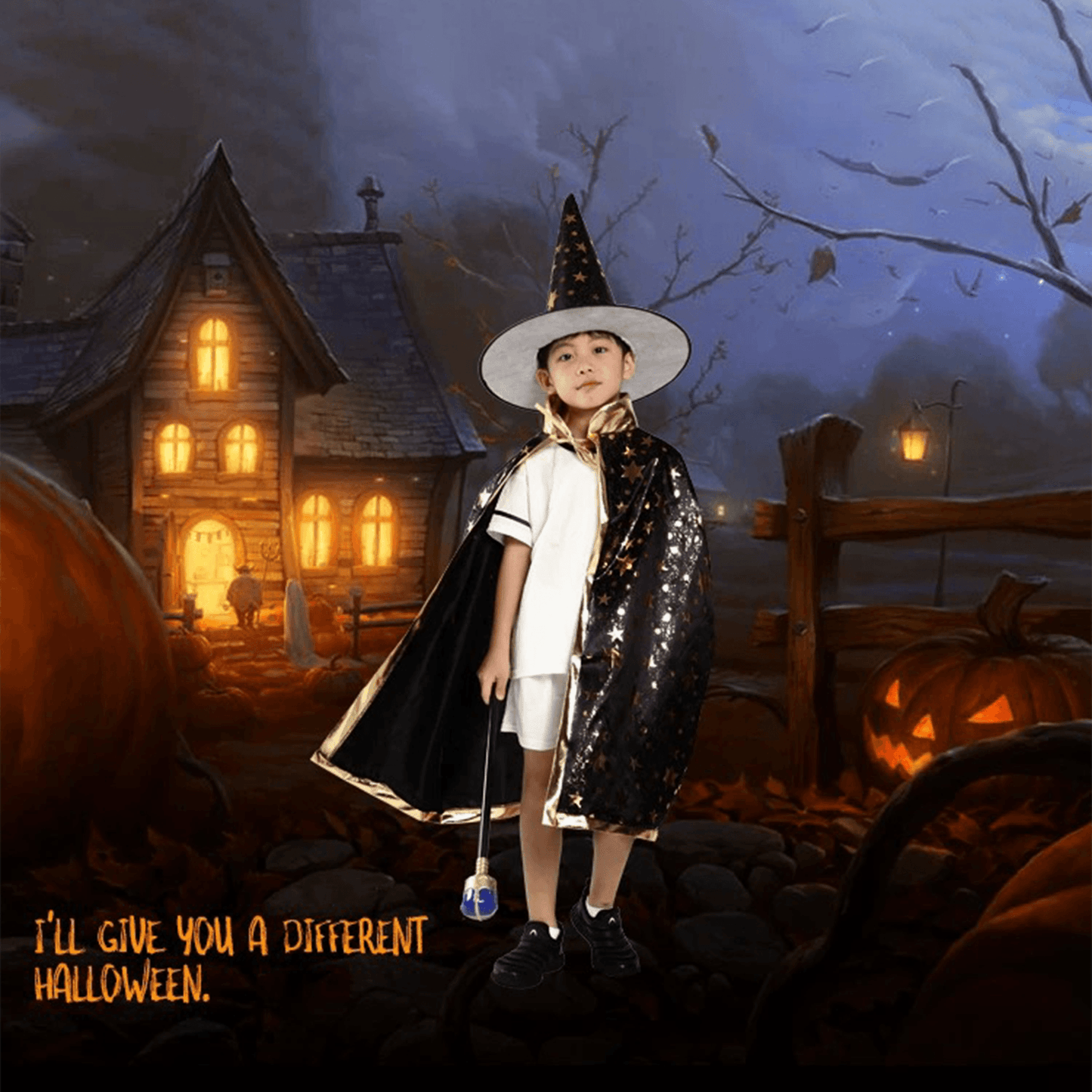 Kids' Wizard Costume Set – Halloween Cape & Hat with Gold Stars - party X party