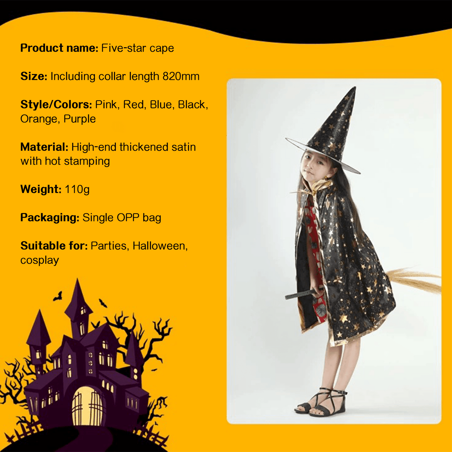 Kids' Wizard Costume Set – Halloween Cape & Hat with Gold Stars - party X party
