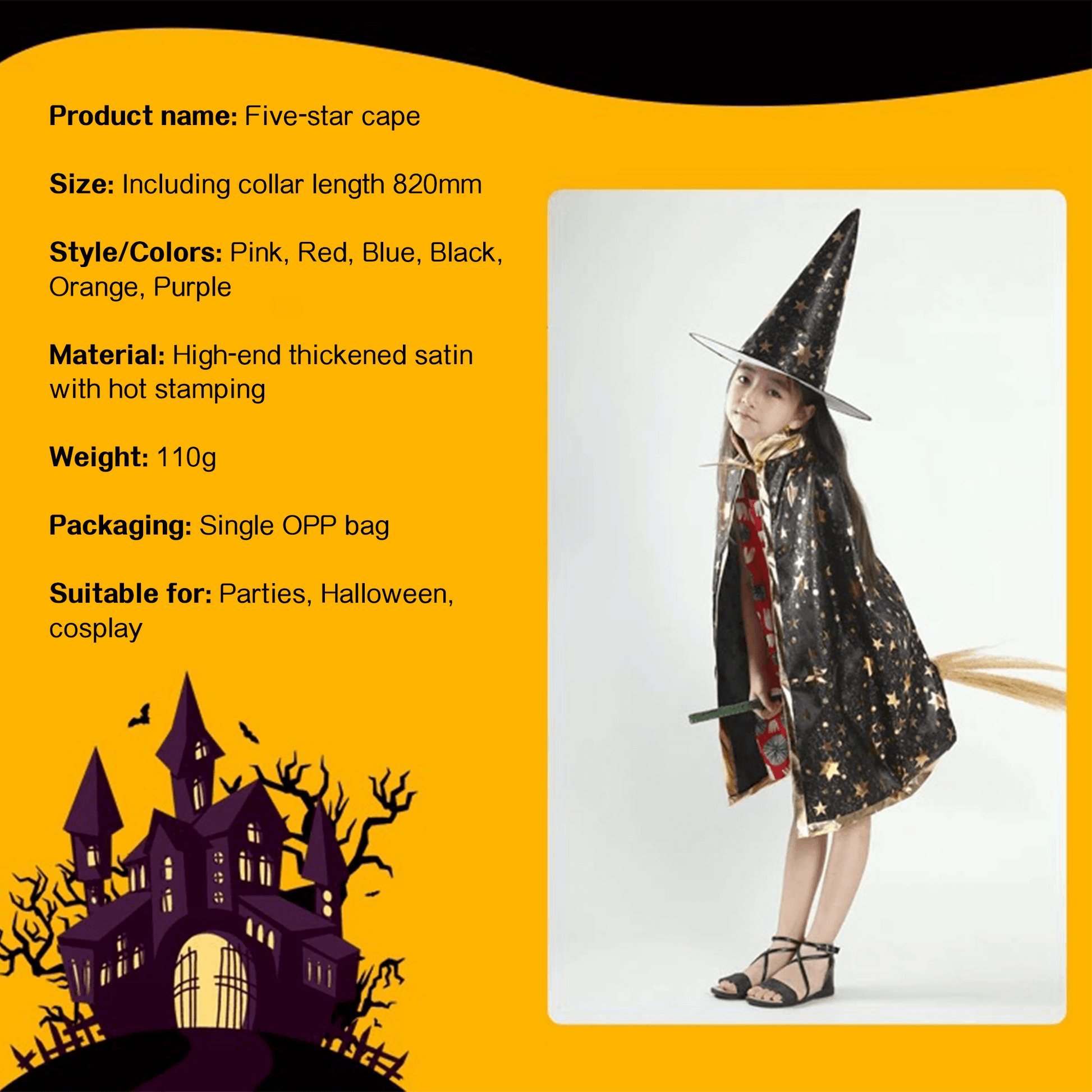 Kids' Wizard Costume Set – Halloween Cape & Hat with Gold Stars - party X party
