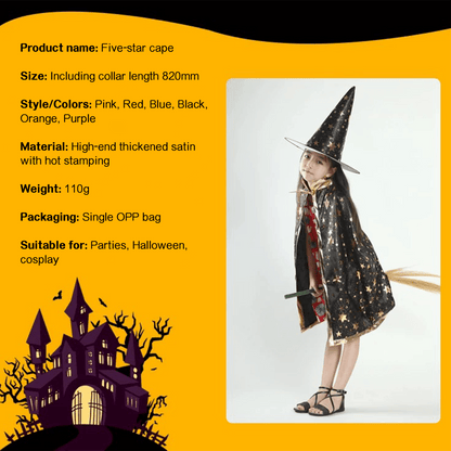 Kids' Wizard Costume Set – Halloween Cape & Hat with Gold Stars - party X party