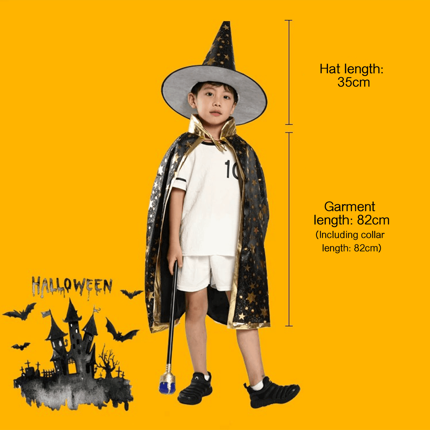 Kids' Wizard Costume Set – Halloween Cape & Hat with Gold Stars - party X party