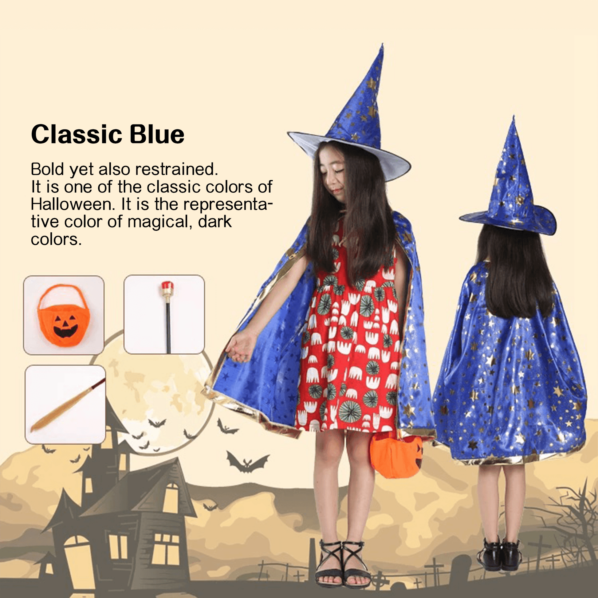 Kids' Wizard Costume Set – Halloween Cape & Hat with Gold Stars - party X party