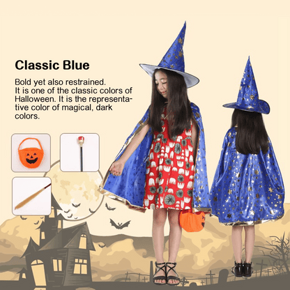 Kids' Wizard Costume Set – Halloween Cape & Hat with Gold Stars - party X party