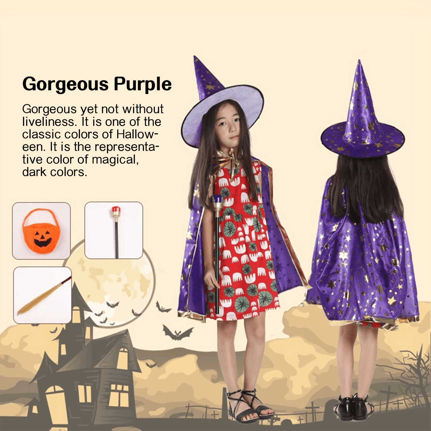 Kids' Wizard Costume Set – Halloween Cape & Hat with Gold Stars - party X party