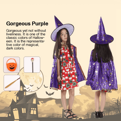 Kids' Wizard Costume Set – Halloween Cape & Hat with Gold Stars - party X party