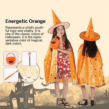 Kids' Wizard Costume Set – Halloween Cape & Hat with Gold Stars - party X party