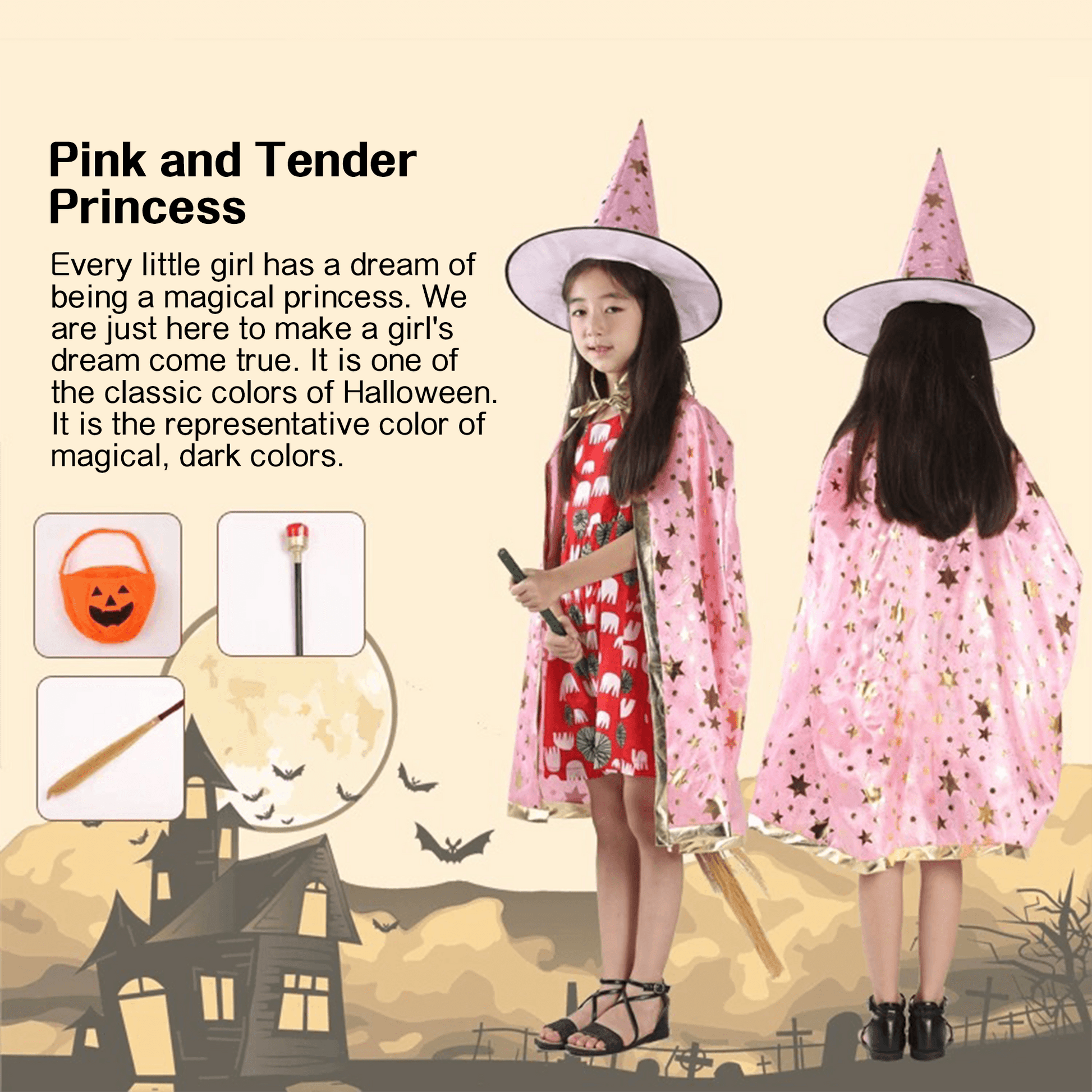 Kids' Wizard Costume Set – Halloween Cape & Hat with Gold Stars - party X party