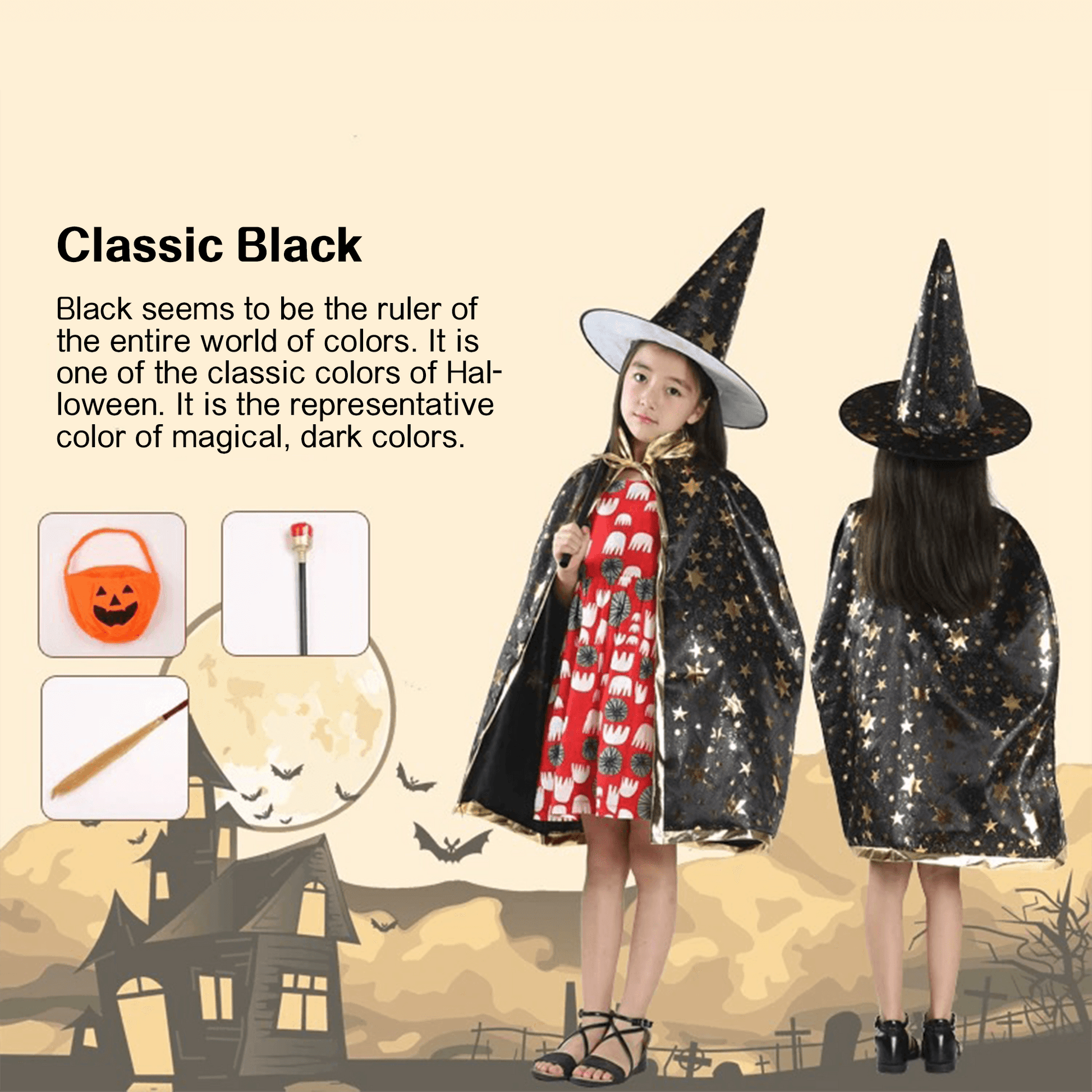 Kids' Wizard Costume Set – Halloween Cape & Hat with Gold Stars - party X party