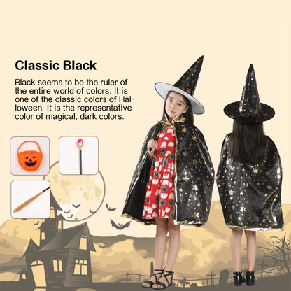 Kids' Wizard Costume Set – Halloween Cape & Hat with Gold Stars - party X party