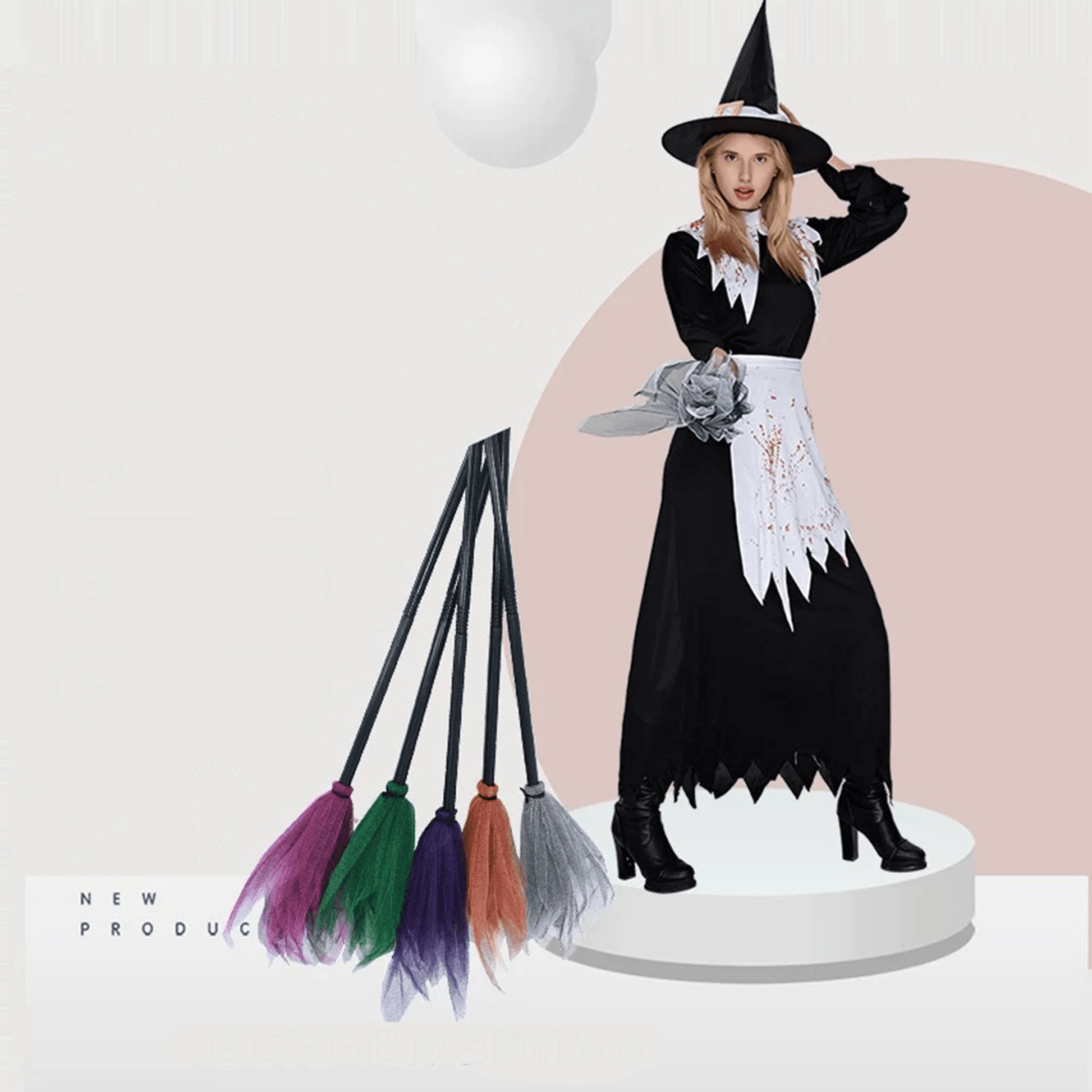 Bloody Witch Halloween Costume – Spooky Witch Dress with Hat & Broom - party X party