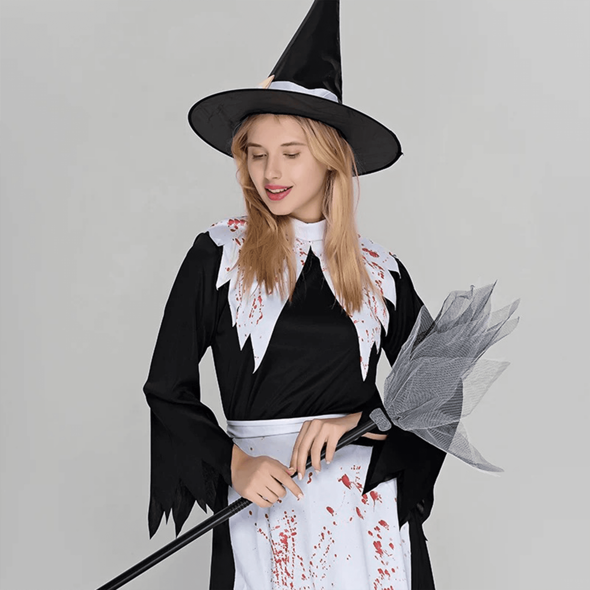 Bloody Witch Halloween Costume – Spooky Witch Dress with Hat & Broom - party X party
