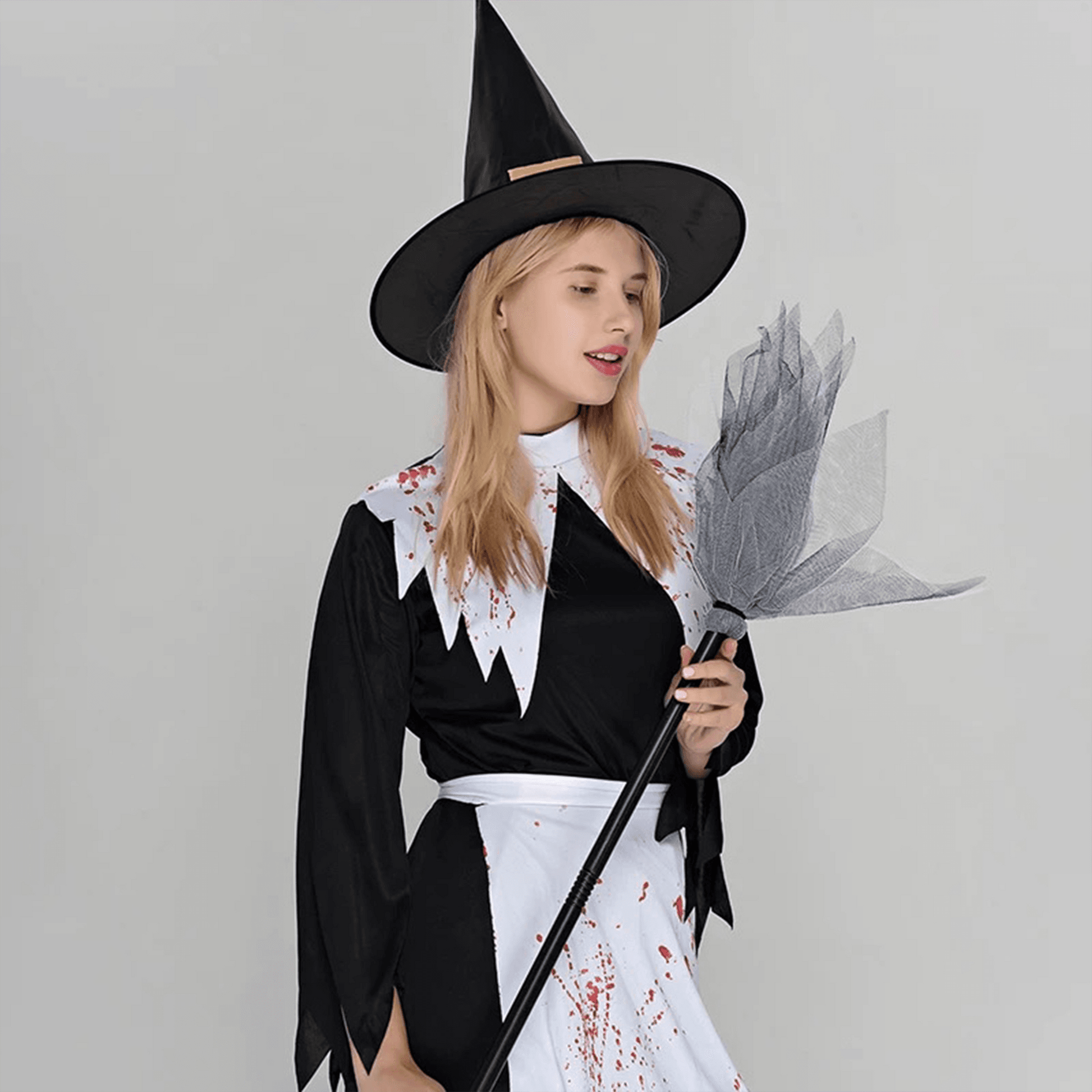 Bloody Witch Halloween Costume – Spooky Witch Dress with Hat & Broom - party X party