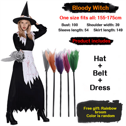 Bloody Witch Halloween Costume – Spooky Witch Dress with Hat & Broom - party X party